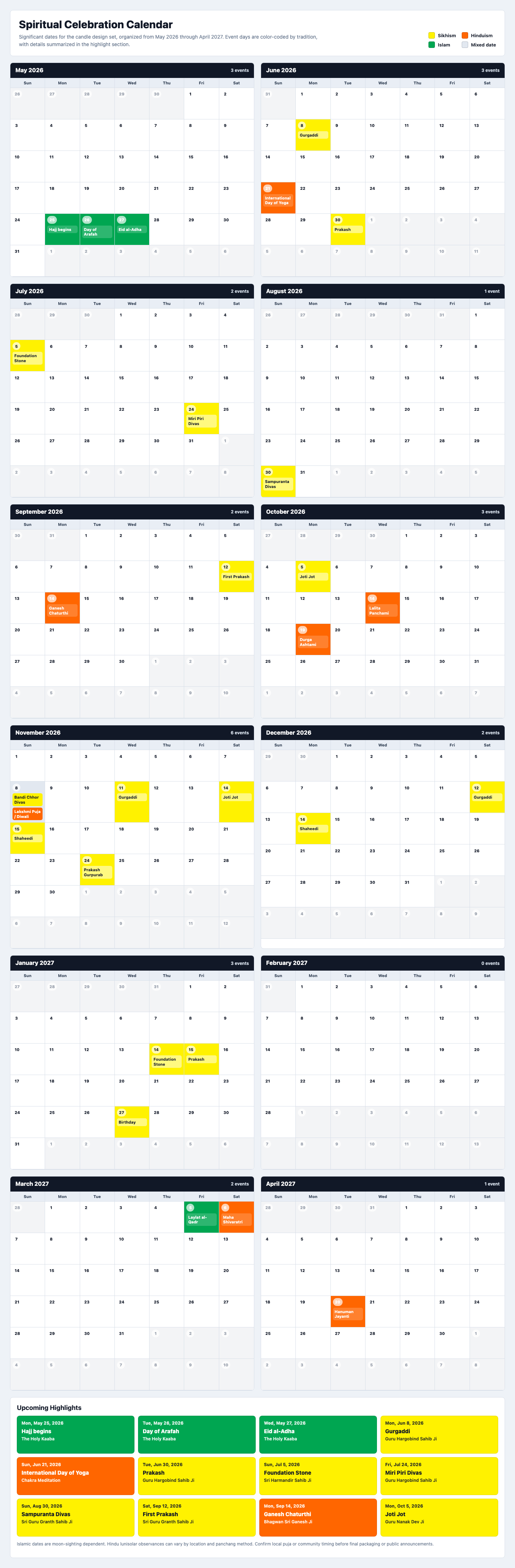 Spiritual celebration calendar preview